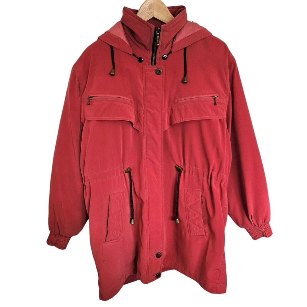 Vintage dark pink hooded drawstring waist parka jacket‎